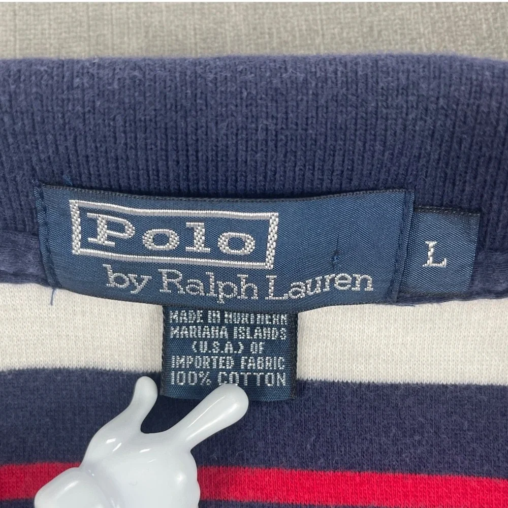 Polo Ralph Lauren Men L White Navy Red Striped Polo Shirt Embroidered Logo